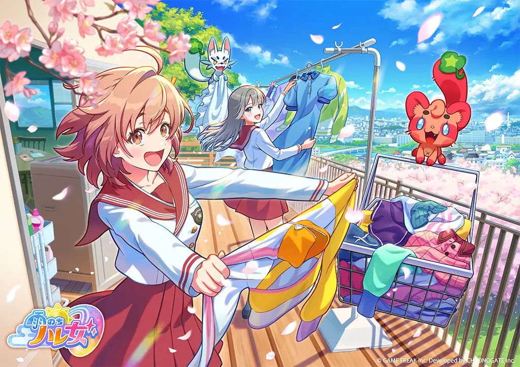 Ame nochi Hare Onna official key visual: Himawari and Yuri hanging magical outfits
